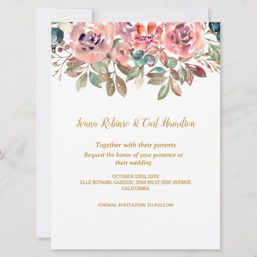 MARYウォーターカラーバラエメラルドグリーン結婚ズ 招待状 (正面)