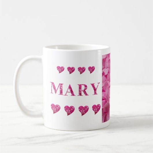 「Mary」ピンクのあじさいフローラ手紙&かわいいハート コーヒーマグカップ (左)