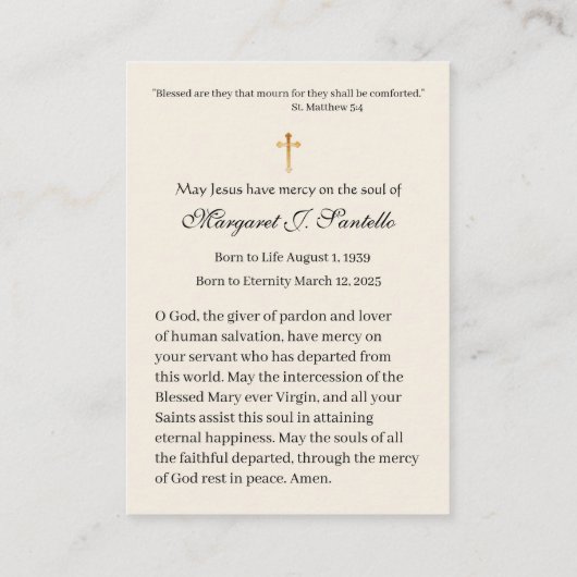 Mary Praying Catholic Funeral Memorial Holy Card - 名刺 (裏面)