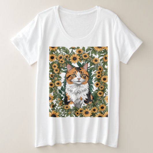 Maryland Calico Cat And Black Eyed Susan Flowers 2 プラスサイズTシャツ (デザイン正面)