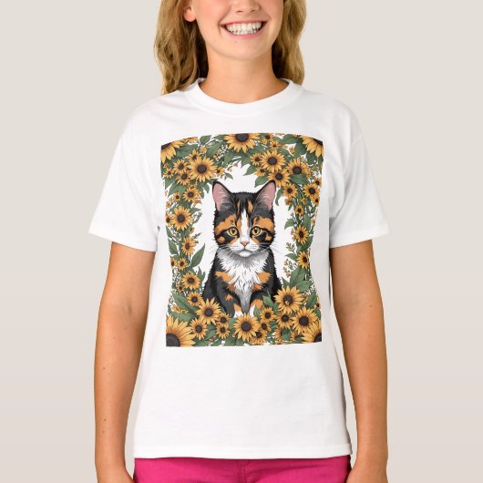 Maryland Calico Cat And Black Eyed Susan Flowers Tシャツ (正面)