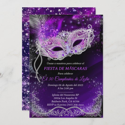Mascarada de cumpleanos personalizada en negro 招待状 (正面/裏面)