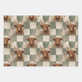 Masculine Grey Blue Checkered Highland Cow ラッピングペーパーシート (正面3)
