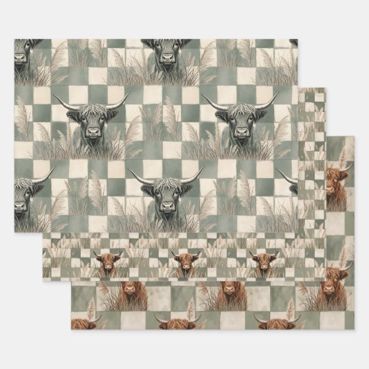 Masculine Grey Blue Checkered Highland Cow ラッピングペーパーシート (セット)