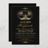 Mask Black Gold 50th Masquerade Birthday  招待状 (正面/裏面)