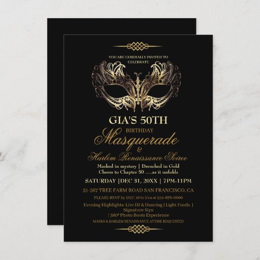 Mask Black Gold 50th Masquerade Birthday  招待状 (正面/裏面)