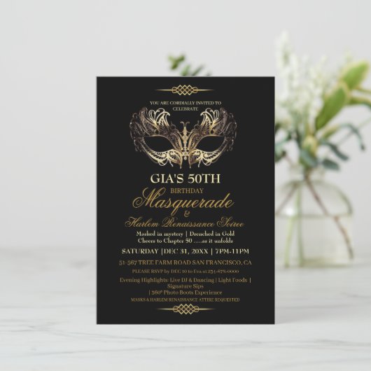 Mask Black Gold 50th Masquerade Birthday  招待状 (スタンド正面)