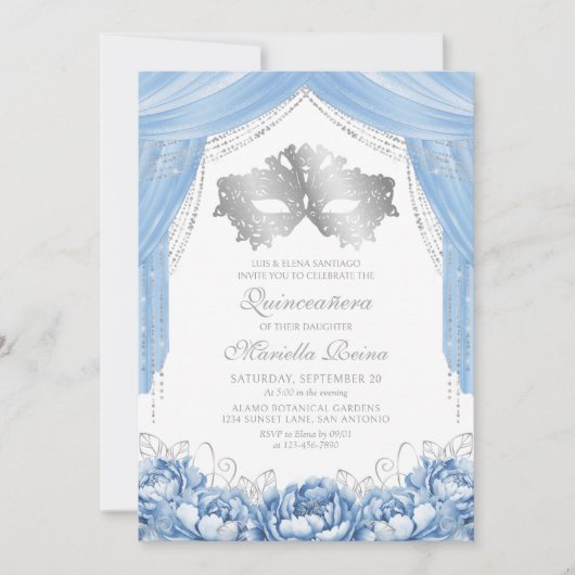 Mask Masquerade Light Blue Quinceanera 招待状 (正面)