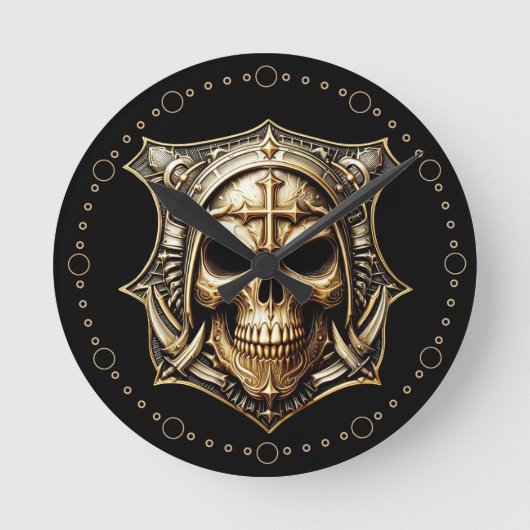 Maske Deathmetal Totenkopf Gold Schild ラウンド壁時計 (正面)