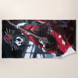 Masked Geisha Musician Dark Japanese Art ビーチタオル