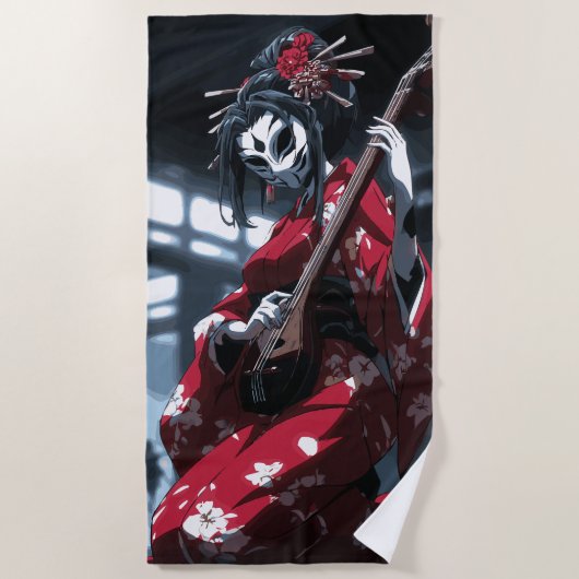 Masked Geisha Musician Dark Japanese Art ビーチタオル (正面)