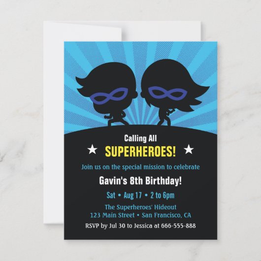 Masked Superheroes子供の誕生日パーティの招待状 招待状 (正面)