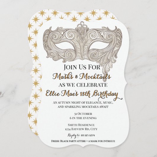 Masks & Mocktails Gold Masquerade Birthday 招待状 (正面/裏面)