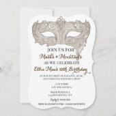 Masks & Mocktails Gold Masquerade Birthday 招待状 (正面)