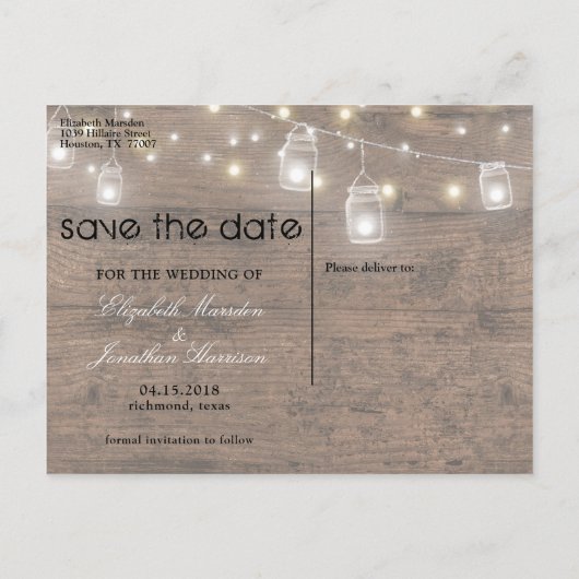 Mason 素朴 Jar String Lights日付写真を保存 案内ポストカード (裏面)