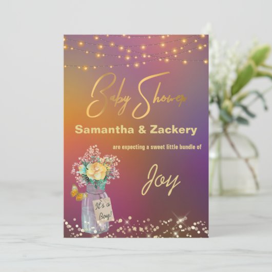 *~* Mason 素朴 Jar String Lights Baby Shower 招待状 (スタンド正面)