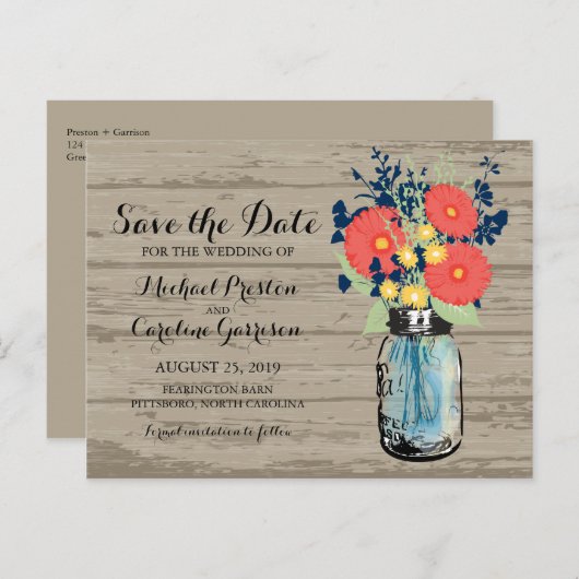 Mason Jarとガーベラデイジー日付の保存 案内ポストカード (正面/裏面)