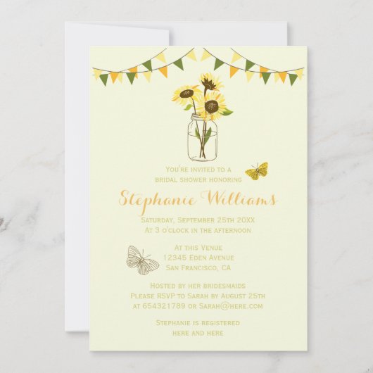 Mason Jarのヒマワリと蝶とバンティング 招待状 (正面)