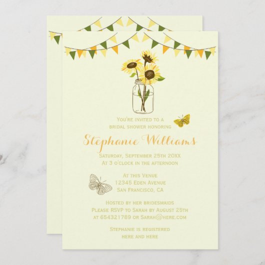 Mason Jarのヒマワリと蝶とバンティング 招待状 (正面/裏面)