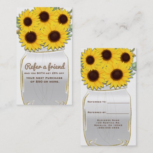Mason Jarの中のひまわり素朴シック友人を参照 紹介カード (正面/裏面)