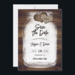 Mason Jar Barn Wood Burlap Hearts Monogram Wedding セーブザデート<br><div class="desc">Rustic country wedding save the date card featuring a mason jar and burlap hearts with initials against a barn wood background. Easily personalize this mason jar save the date online. Matching items available to complement this cute wedding save the date card.</div>