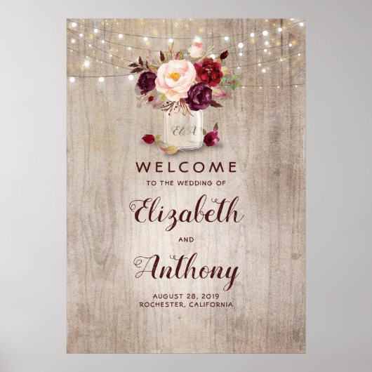Mason Jar Burgundy Floral Wedding Welcome Sign ポスター (正面)