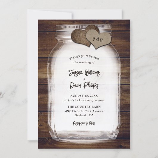 Mason Jar Burlap Hearts Rustic Wood Wedding 招待状 (正面)