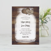 Mason Jar Burlap Hearts Rustic Wood Wedding 招待状 (スタンド正面)