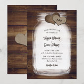 Mason Jar Burlap Hearts Rustic Wood Wedding 招待状 (正面/裏面)