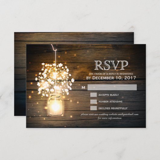 Mason Jar Lights白熱［赤熱］光を放つフローラRSVPカード 出欠カード (正面/裏面)