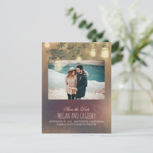 Mason Jar Lights Tree写真素朴日付を保存 案内ポストカード (スタンド正面)