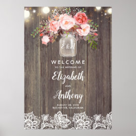 Mason Jar Pink Floral Wedding Welcome Sign ポスター