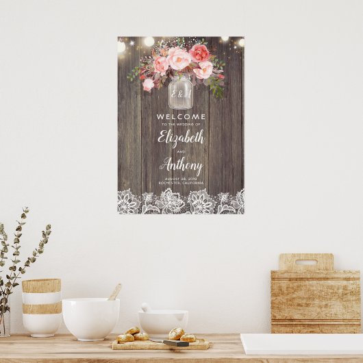 Mason Jar Pink Floral Wedding Welcome Sign ポスター (キッチン)