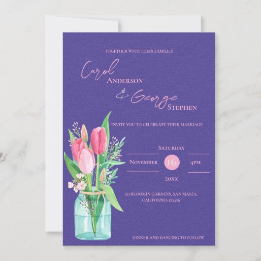  Mason Jar Purple & Blush Tulip Wedding Invitation 招待状 (正面)