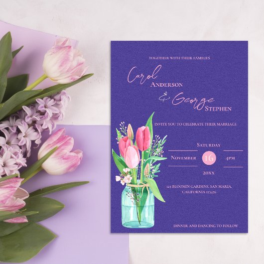  Mason Jar Purple & Blush Tulip Wedding Invitation 招待状