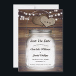 Mason Jar Rustic Country Wood Burlap Wedding セーブザデート<br><div class="desc">Rustic country wedding save the date card featuring a mason jar,  string lights and burlap hearts on a rustic wood background.</div>