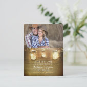 Mason Jar String Lights写真素朴日付を保存 案内ポストカード (スタンド正面)