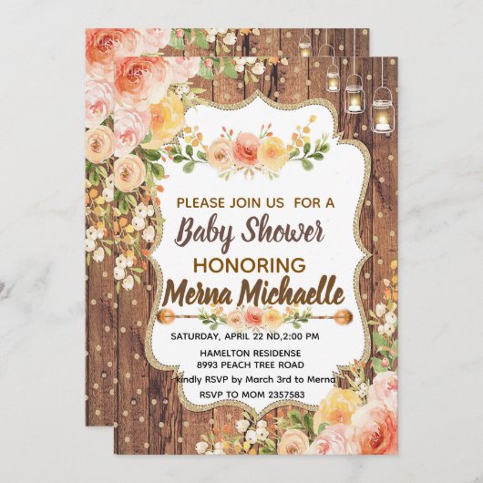 Mason Jar with a rustic flowers invitation 招待状 (正面/裏面)