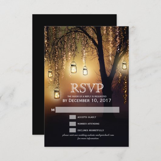 Mason Jars String Lights RSVPカーエレガントド 出欠カード (正面/裏面)