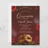 Masque Roses Pearls Burgundy Quinceanera  招待状 (正面)