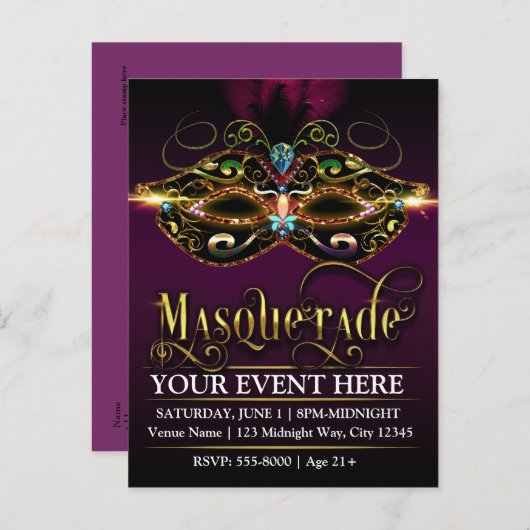 MASQUERADEマスク紫のプロモーション用パーティーはがき インビテーションポストカード (正面/裏面)