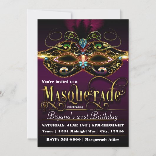 MASQUERADE パープルカラフルマスクパーティー招待状 招待状 (正面)