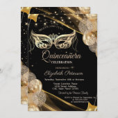 Masquerade Balloons Stars Black Quinceañera  招待状 (正面/裏面)