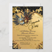 Masquerade birthday Party Gold Black Mask Feathers 招待状 (正面)