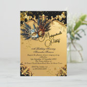 Masquerade birthday Party Gold Black Mask Feathers 招待状 (スタンド正面)