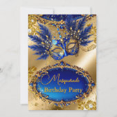 Masquerade birthday Party Gold Blue Mask Feathers 招待状 (正面)