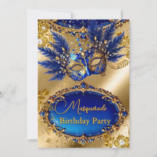 Masquerade birthday Party Gold Blue Mask Feathers 招待状 (正面)