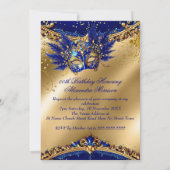 Masquerade birthday Party Gold Blue Mask Feathers 招待状 (裏面)