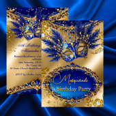 Masquerade birthday Party Gold Blue Mask Feathers 招待状