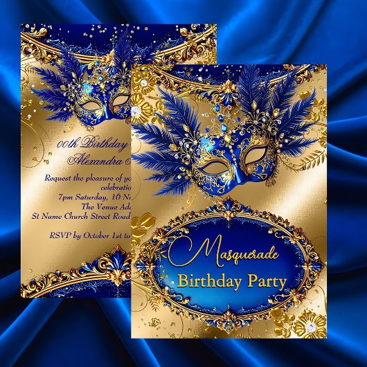 Masquerade birthday Party Gold Blue Mask Feathers 招待状